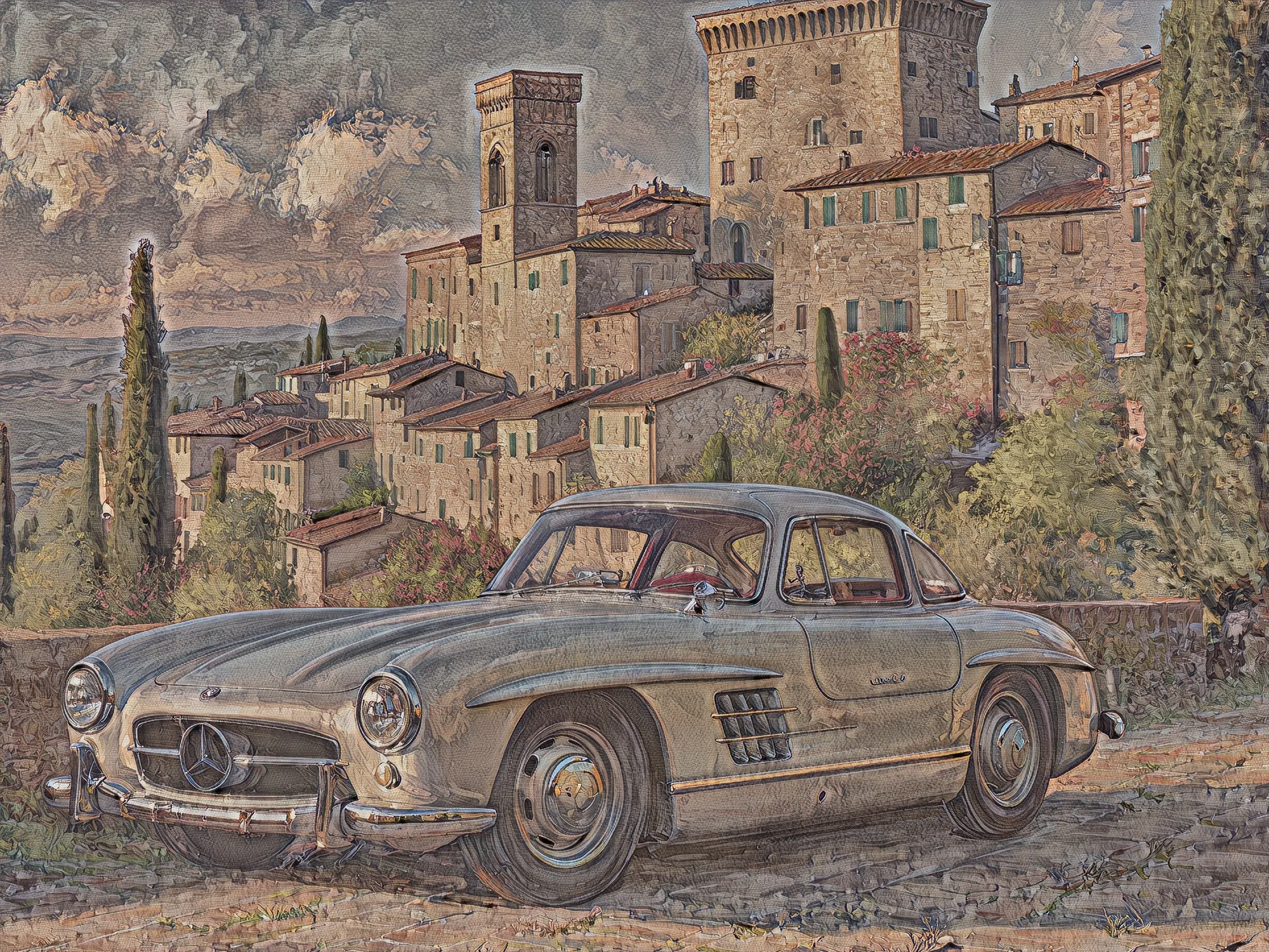 Ein klassischer Mercedes 300 SL vor einem toskanischen Dorf, im Heritage-Fresco-Stil gemalt