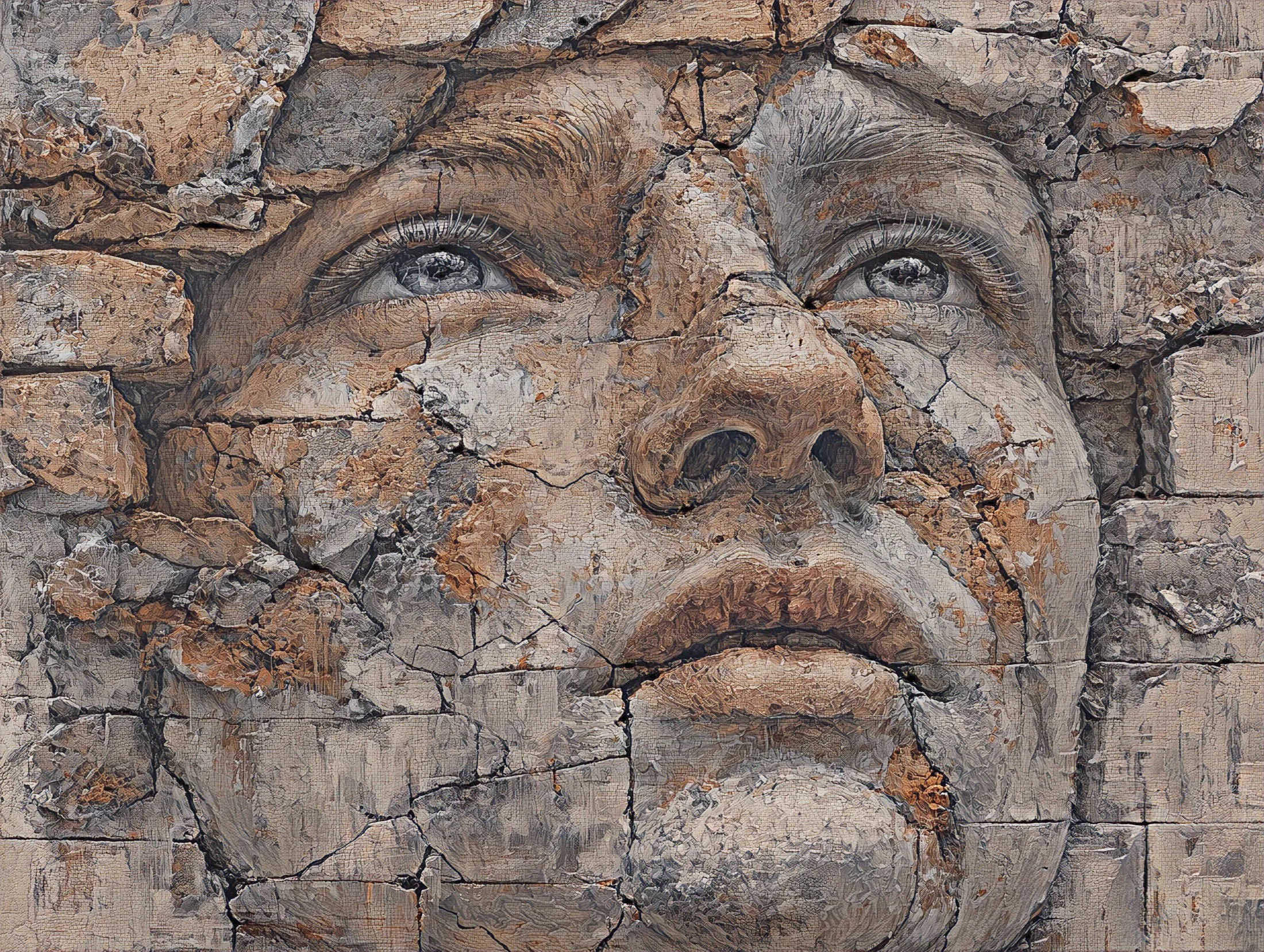 Ein Gesicht, das aus einer verwitterten Steinmauer auftaucht