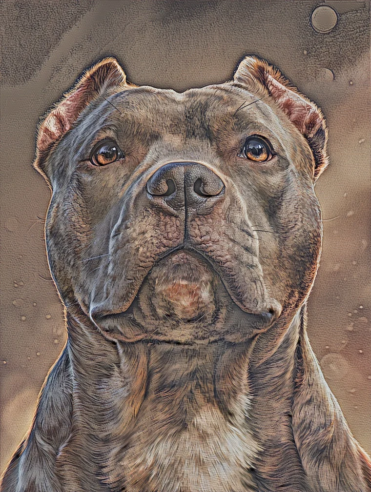 Een grijs-gestroomde American Bully met rustige amberkleurige ogen, geschilderd in de Heritage Fresco-stijl