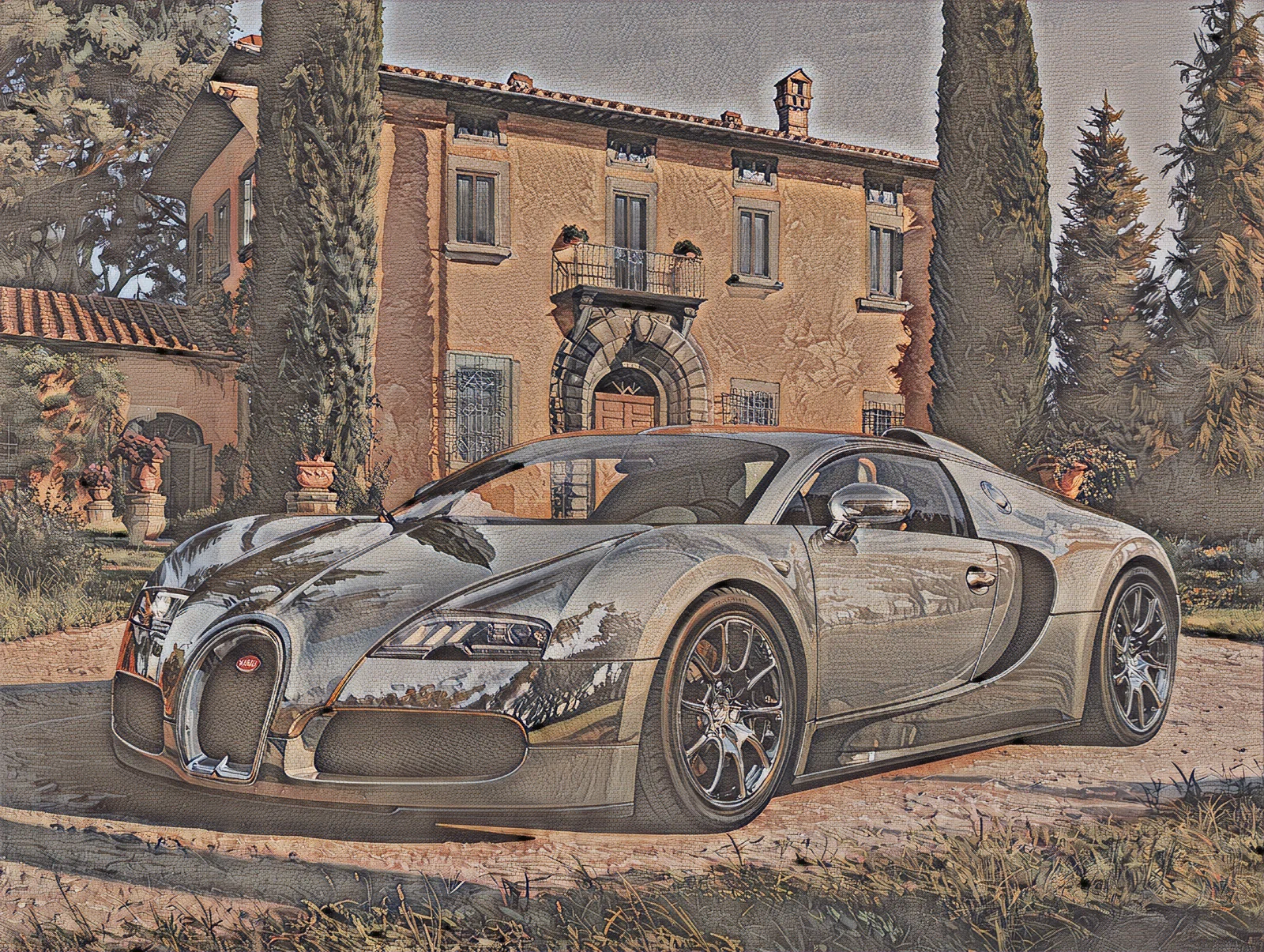 Ein Bugatti Veyron vor einer toskanischen Villa mit Zypressen, im Heritage-Fresco-Stil gemalt