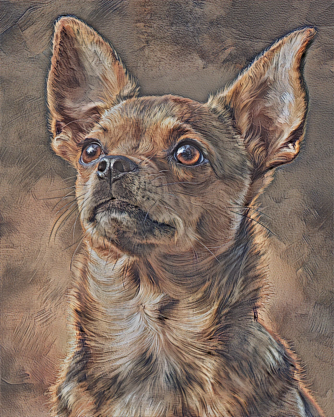 A tiny Chihuahua with large alert eyes and pointed ears, painted in the Heritage Fresco style