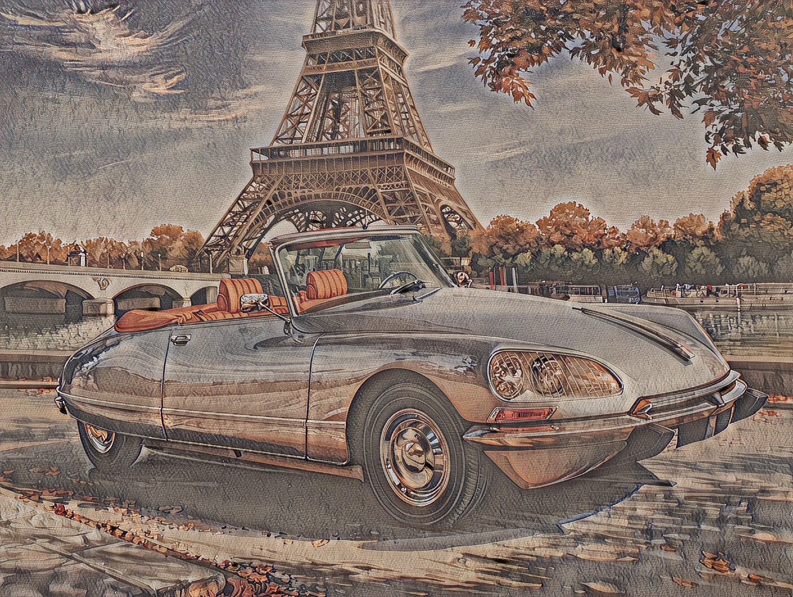 A convertible Citroën DS before the Eiffel Tower on the banks of the Seine, painted in the Heritage Fresco style