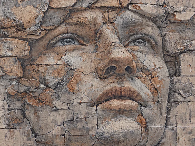 A human face merging into a weathered brick wall, painted in the Heritage Fresco style