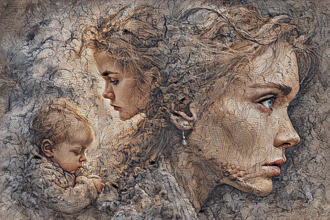 Eine Mutter, die sich zärtlich über ein schlafendes Baby beugt, mit einem zweiten abgewandten Gesicht, das eine einzelne Träne trägt, im Heritage-Fresco-Stil gemalt