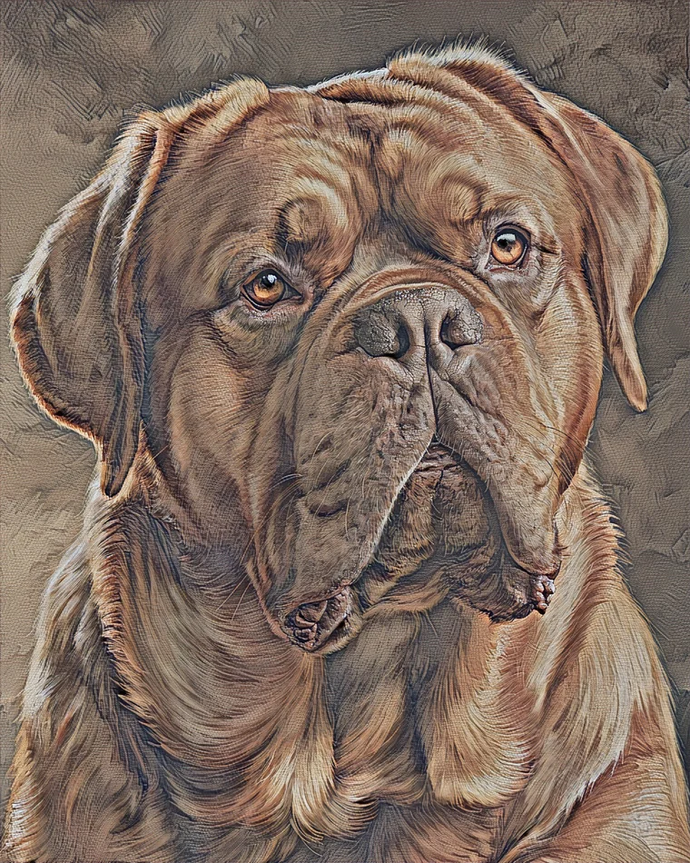 A massive red-fawn Dogue de Bordeaux with a wrinkled head and dark eyes, painted in the Heritage Fresco style
