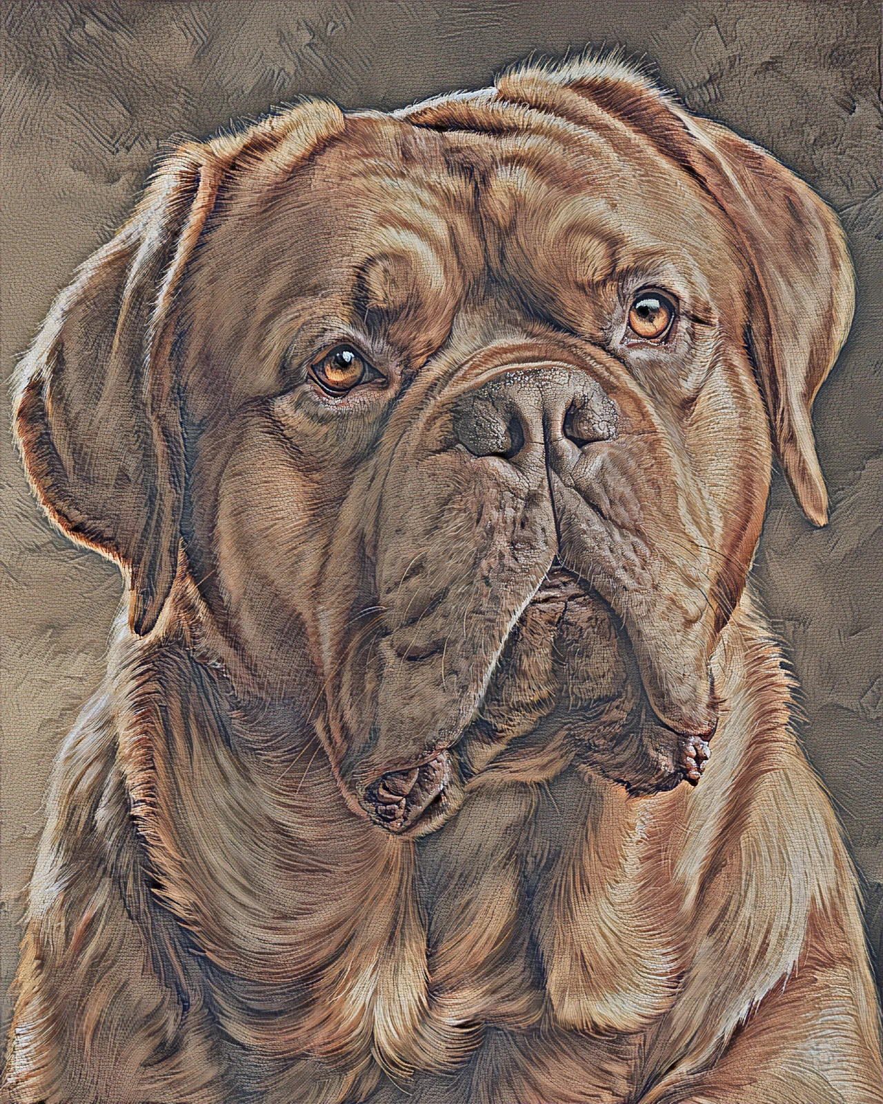A massive red-fawn Dogue de Bordeaux with a wrinkled head and dark eyes, painted in the Heritage Fresco style