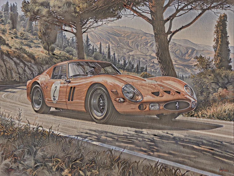 Ein Ferrari 250 GTO in Rennlackierung mit Startnummer 2 auf einer Bergpassstraße, im Heritage-Fresco-Stil gemalt
