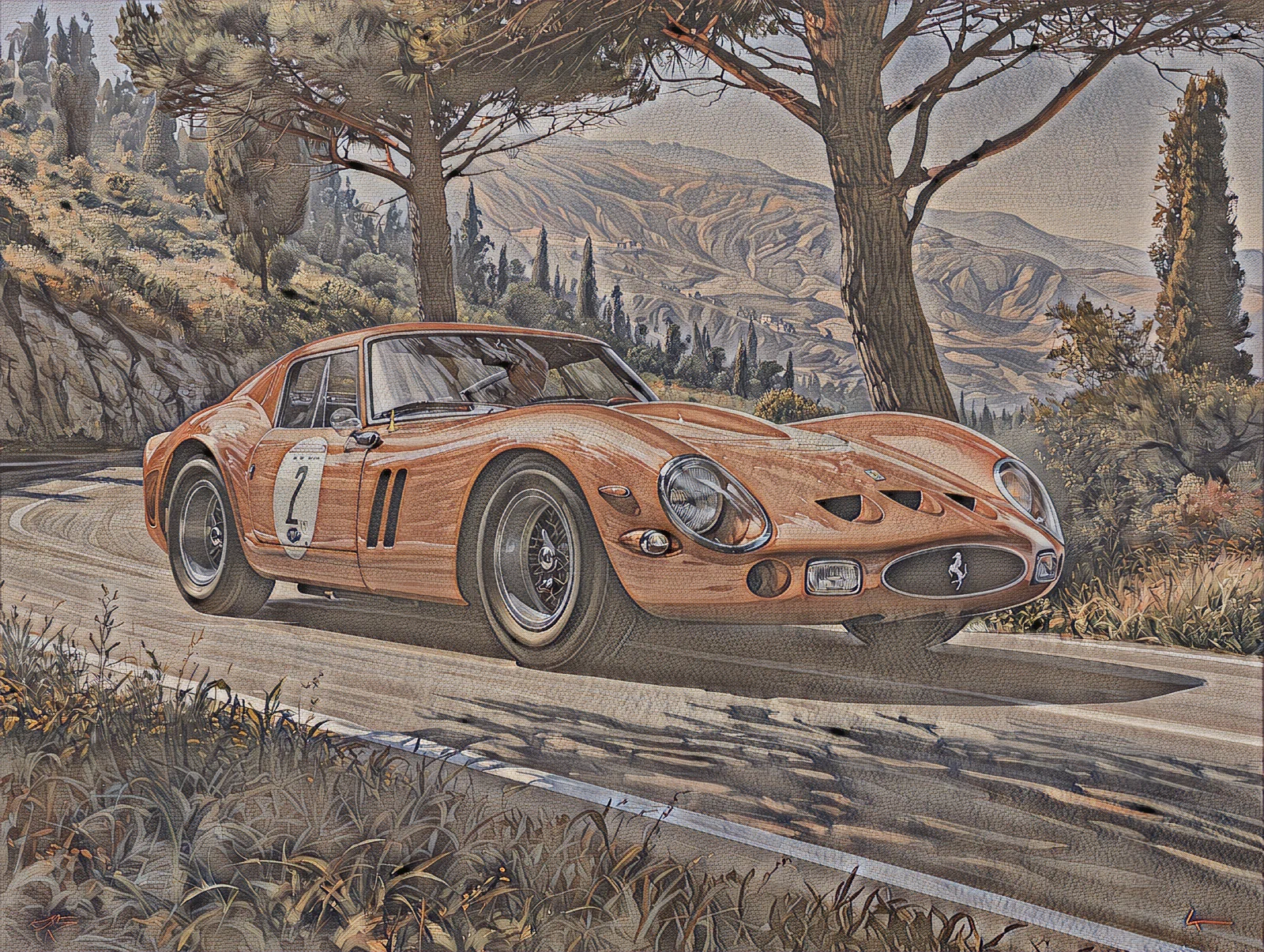 Ein Ferrari 250 GTO in Rennlackierung mit Startnummer 2 auf einer Bergpassstraße, im Heritage-Fresco-Stil gemalt