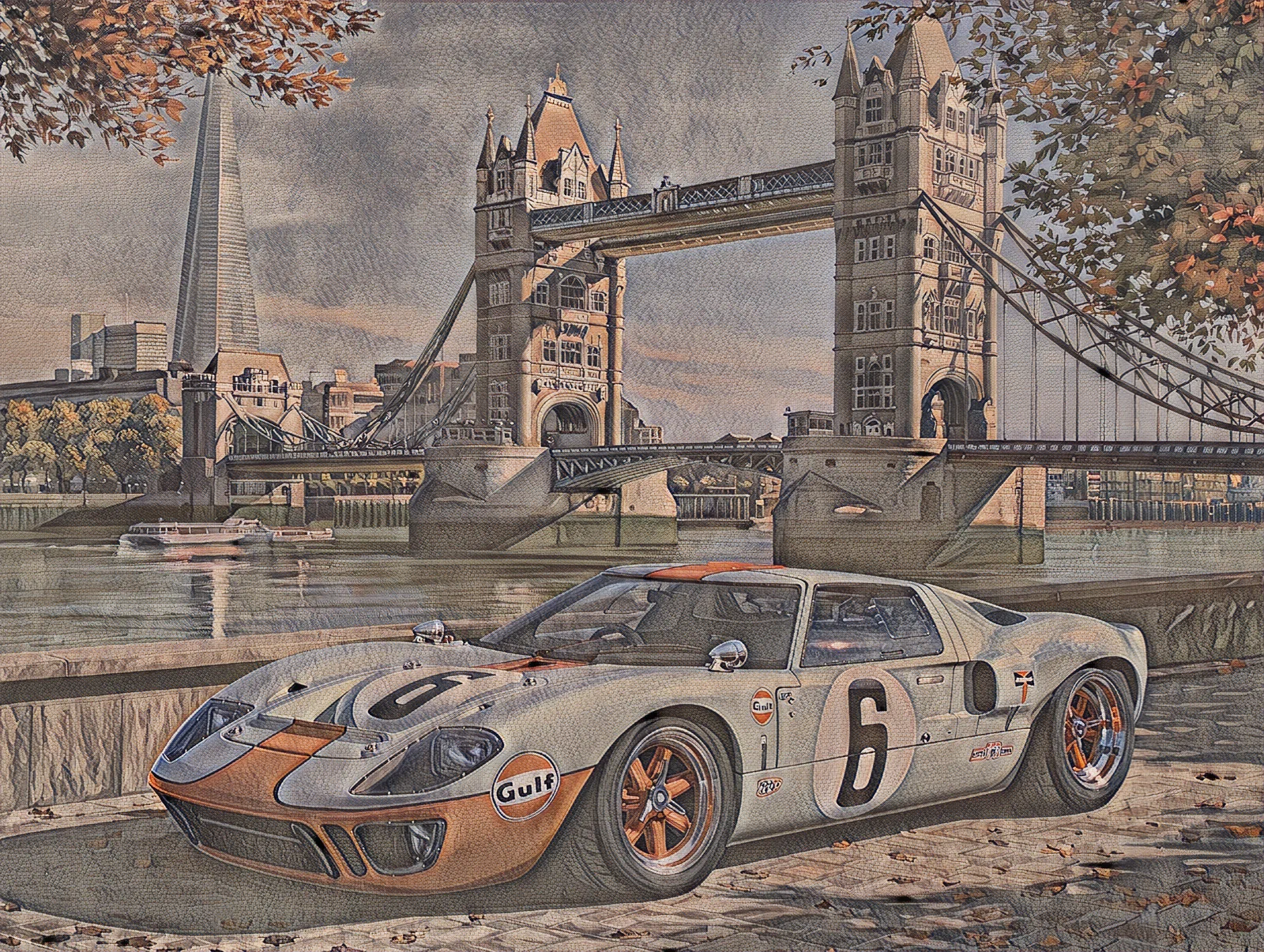 Ein Ford GT40 in Gulf-Lackierung vor der Tower Bridge, im Heritage-Fresco-Stil gemalt