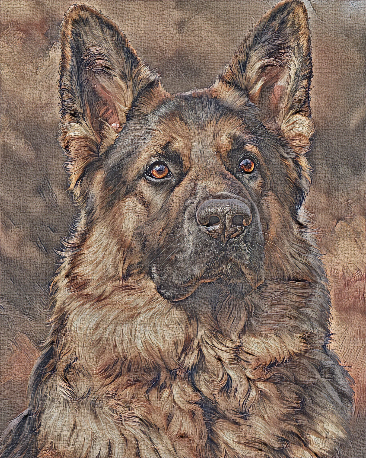 A classic tan-and-black German Shepherd with alert ears and intelligent eyes, painted in the Heritage Fresco style