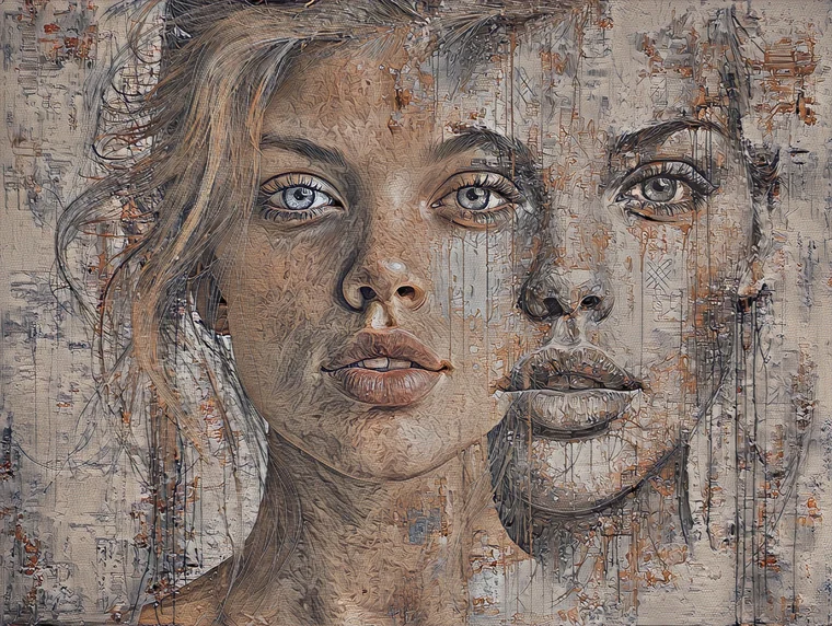 A woman's face merging into a second, weathered face, painted in the Heritage Fresco style