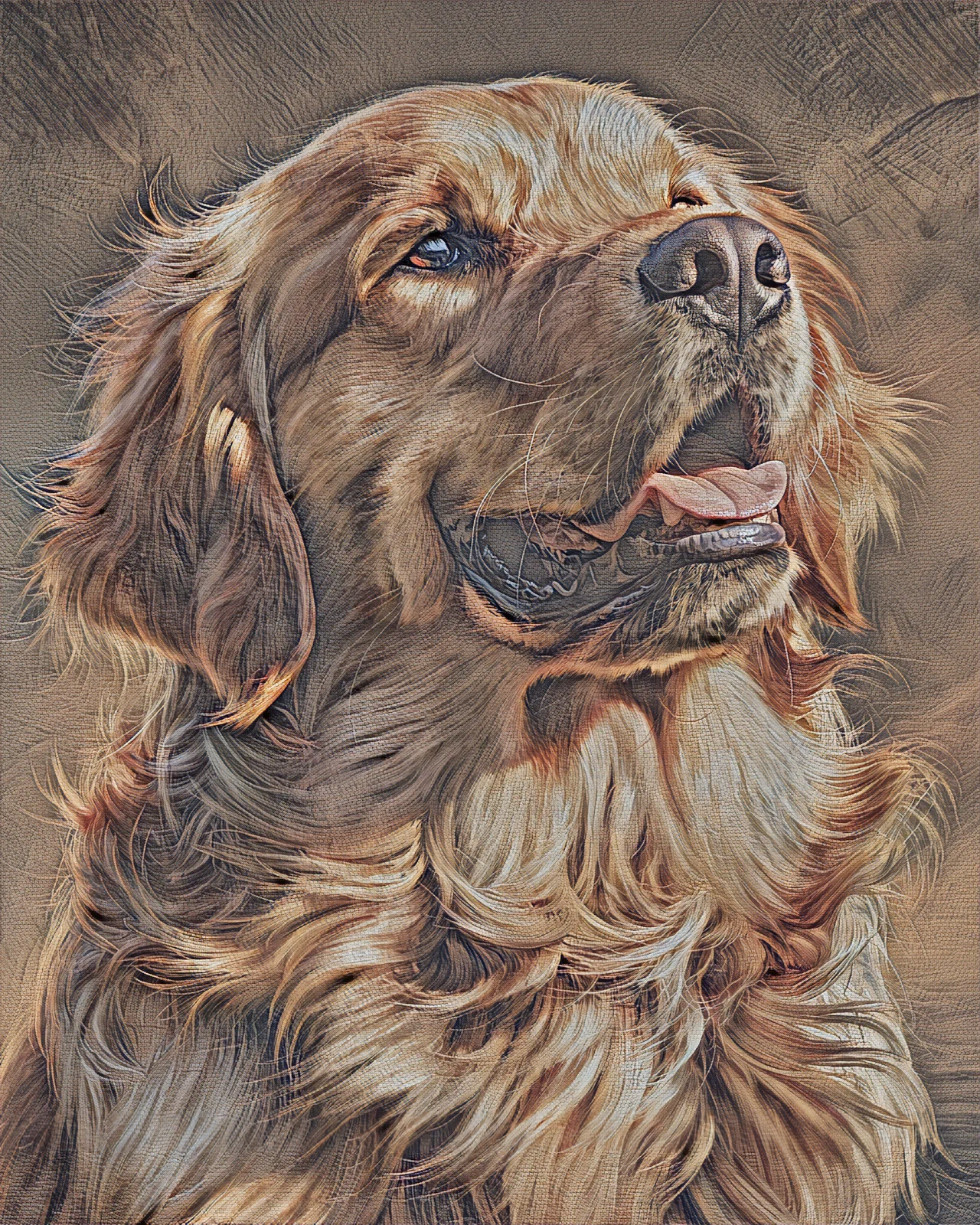 A golden Golden Retriever with warm eyes and a soft, wavy coat, painted in the Heritage Fresco style