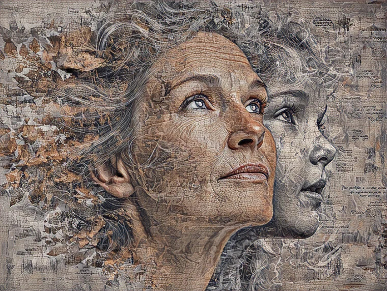 Une femme âgée levant les yeux, l'image ténue d'un enfant s'élevant à ses côtés, peinte dans le style Heritage Fresco