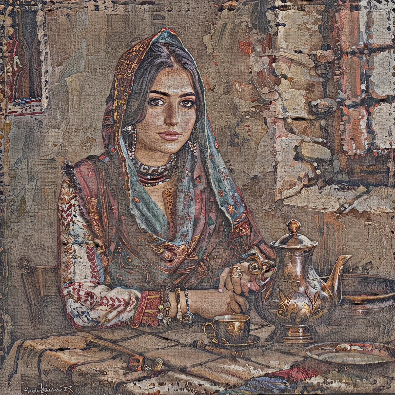 Eine traditionell gekleidete türkische Frau an einem Teeservice mit tulpenförmigen Gläsern, im Heritage-Fresco-Stil gemalt