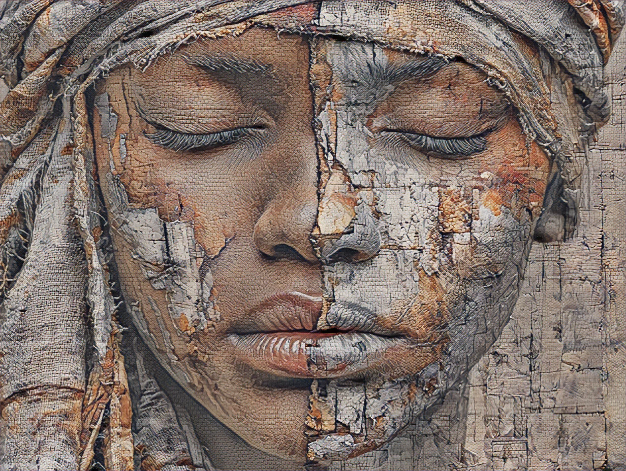 Ein Gesicht mit geschlossenen Augen und einem Tuch um den Kopf, halb verwittert, im Heritage-Fresco-Stil gemalt