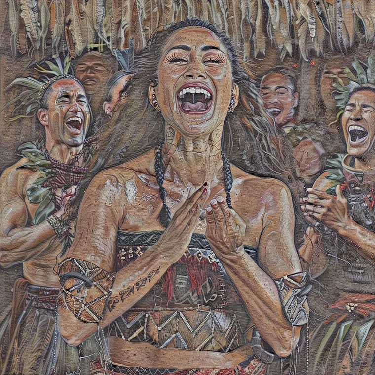 A laughing Maori woman with a chin tattoo in traditional dress, surrounded by dancers, painted in the Heritage Fresco style