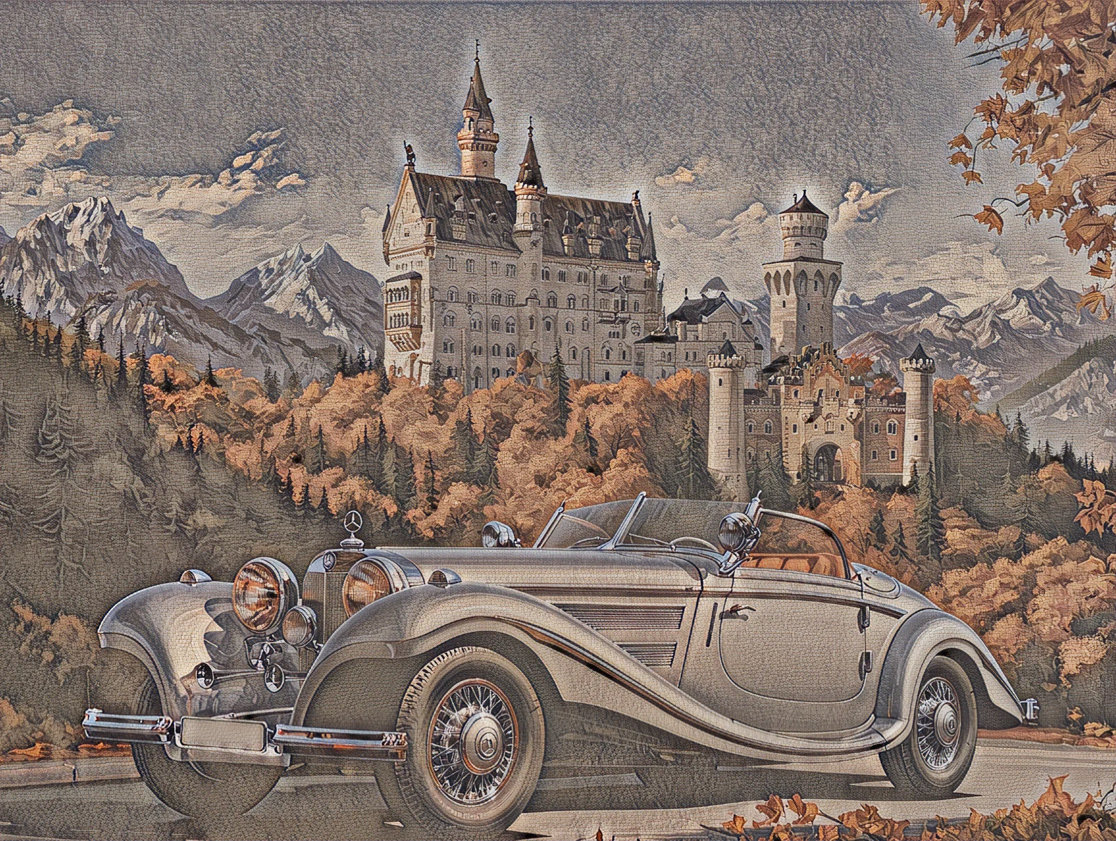 A silver Mercedes-Benz 540K roadster before Neuschwanstein Castle in the Bavarian mountains, painted in the Heritage Fresco style