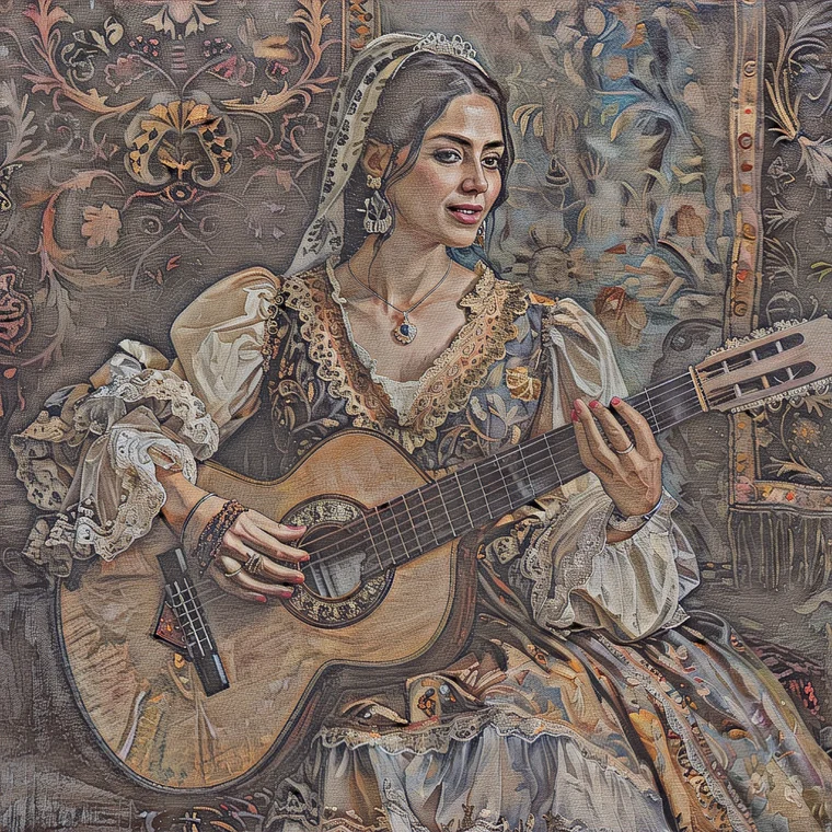 Eine portugiesische Frau mit einer Gitarre, ins Spiel versunken, vor einem gewebten Wandteppich, im Heritage-Fresco-Stil gemalt