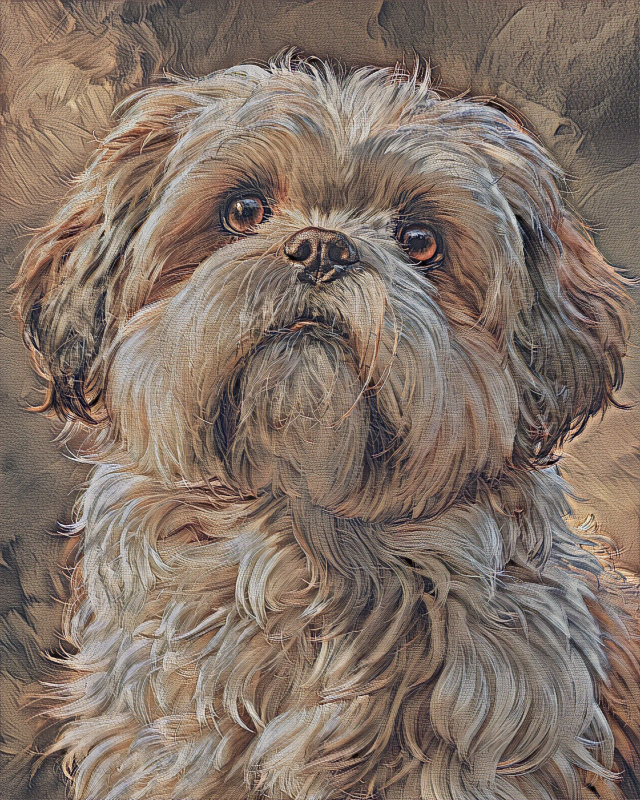 A small long-haired Shih Tzu with a silky coat and dark eyes, painted in the Heritage Fresco style