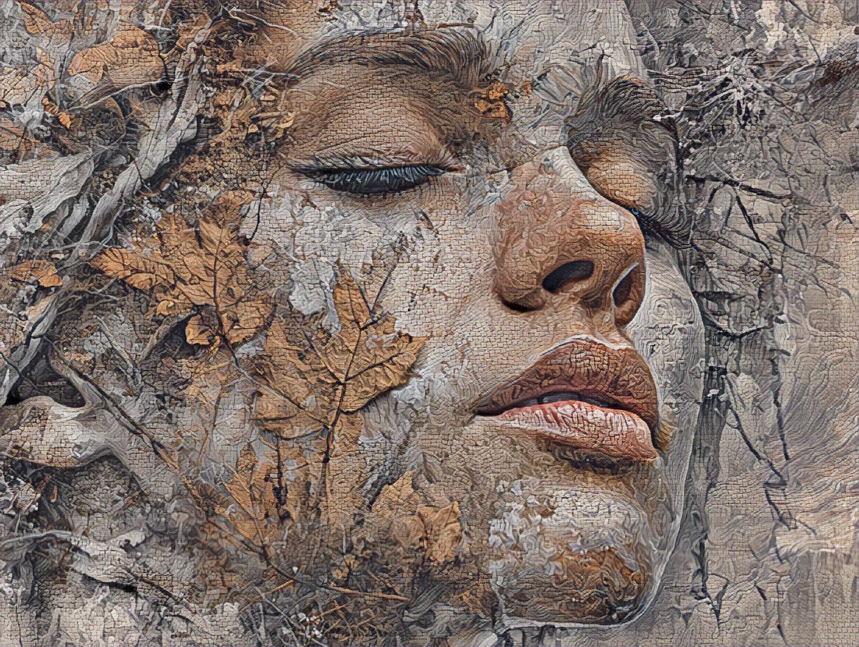 Ein Gesicht mit geschlossenen Augen zwischen verwitterten Herbstblättern und Stein, im Heritage-Fresco-Stil gemalt