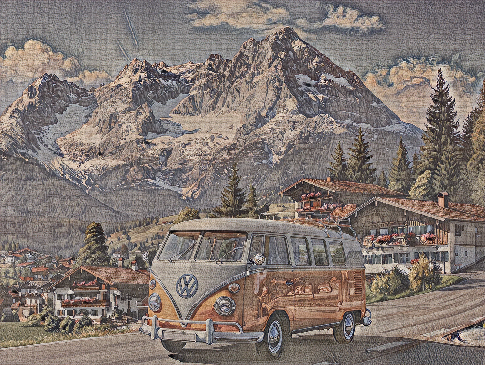 A two-tone Volkswagen T1 bus on a Bavarian mountain road with snow-capped Alps, painted in the Heritage Fresco style