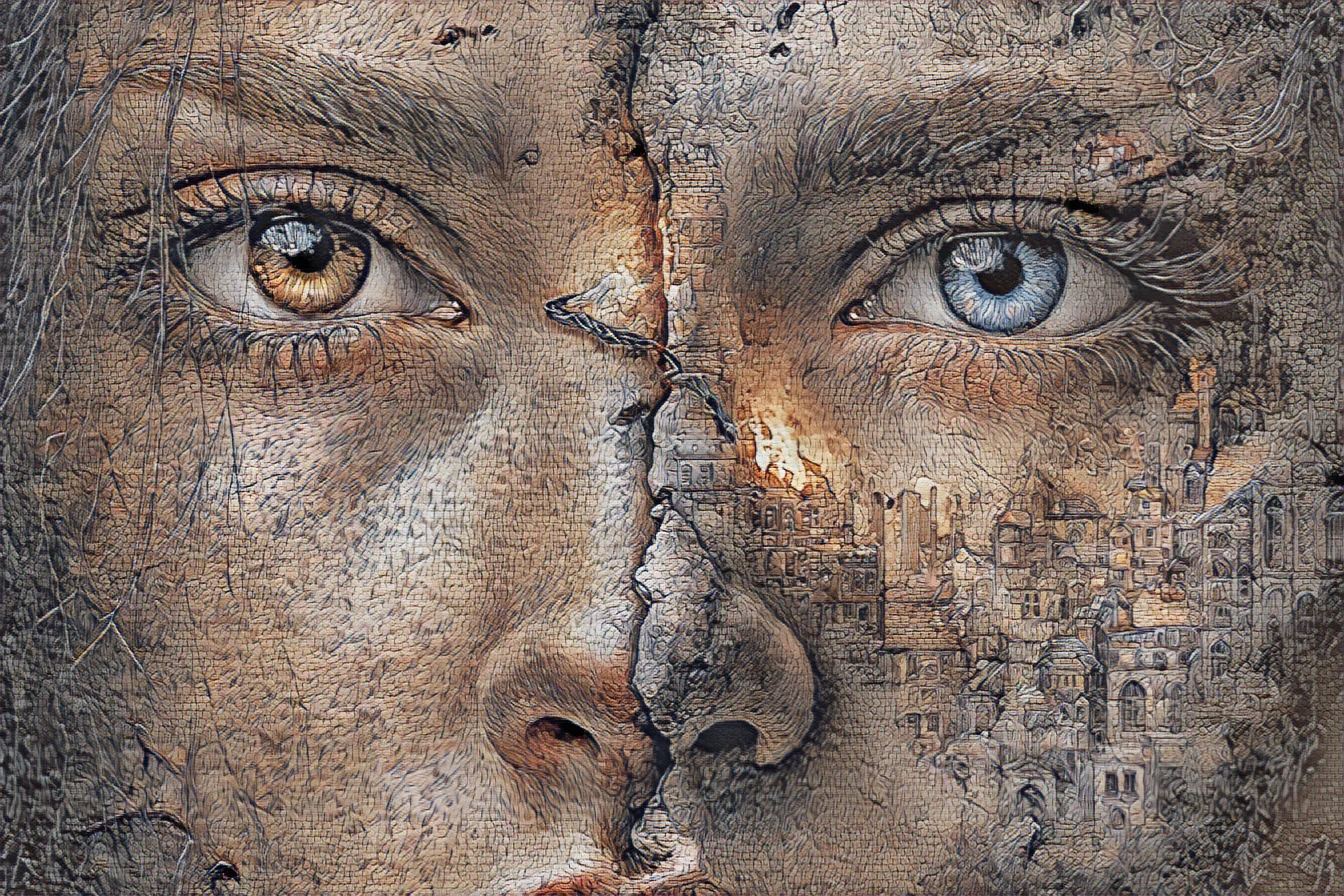 Ein Gesicht, von einem einzigen Riss in zwei geteilt; rechts löst sich die Haut in eine zerstörte, brennende Stadt auf — als Heritage Fresco