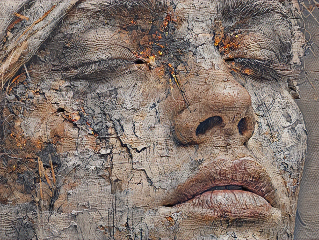 Ein Gesicht mit geschlossenen Augen, glühende Funken zwischen dem rissigen Putz, im Heritage-Fresco-Stil gemalt