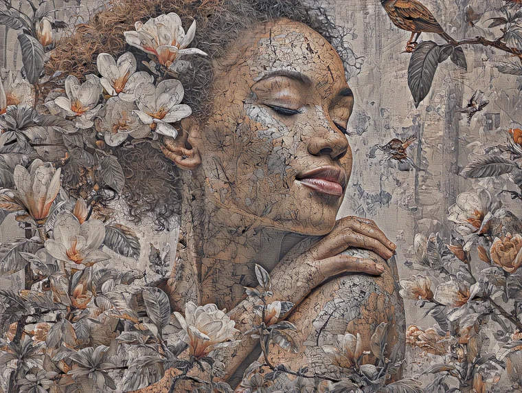 Une jeune femme aux yeux clos posant la main sur sa propre épaule, entourée de magnolias, peinte dans le style Heritage Fresco