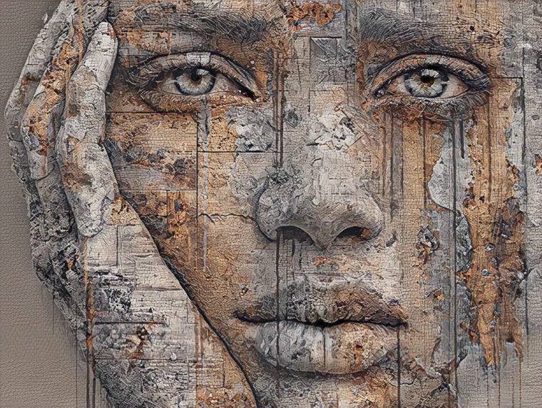 A face with a hand to the head and tears, downward drips running through the plaster, painted in the Heritage Fresco style